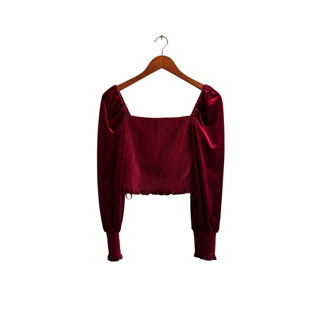 Burgundy Velvet Puff Sleeve Square Neck Smocked Cropped Top Women's Size S